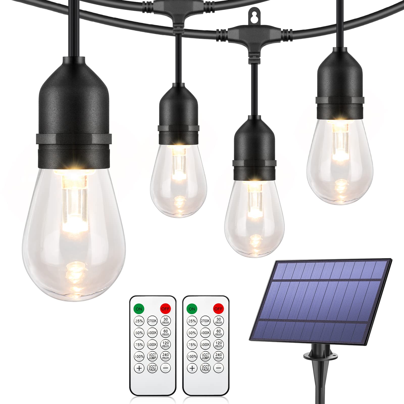 Mlambert 3-Color in 1 Dimmable Solar String Lights Outdoor,48ft LED Patio String Lights with Remotes,15 Hanging Sockets,Waterproof Shatterproof,Warm White Daylight White Lights for Backyard,Garden