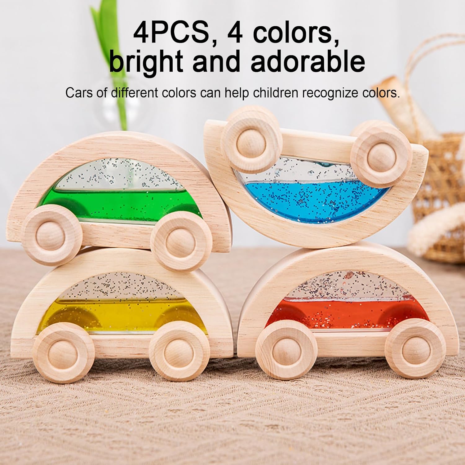 Dinhon Wooden Acrylic Water Glitter Car Toys for Toddlers 2-4, 4 Pack Colorful Sensory Water-Filled Cars, Montessori Toy Set for Boys Girls, Acrylic Rainbow Building Block Matching Products