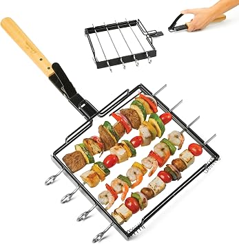 Camerons BBQ Skewer Rack Set - Includes Detachable Handle & 4 Non-Stick Stainless Steel Skewers for Grilling Barbecue Shish Kabobs, Meat, Vegetables & More - Summer Cookout Essential- Fathers Day Gift