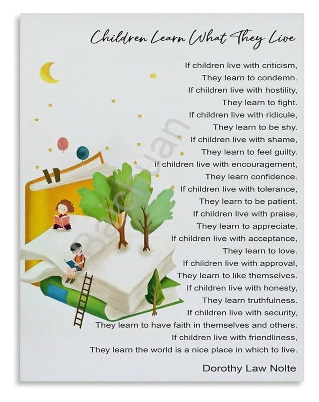 GYQYJPFZM Learn What They Live Inspirational Poem Parenting Quote Educational Poster Wall-Art for Bedroom Nursery Family Room Decor(Unframed,08x12inch(20x30cm))