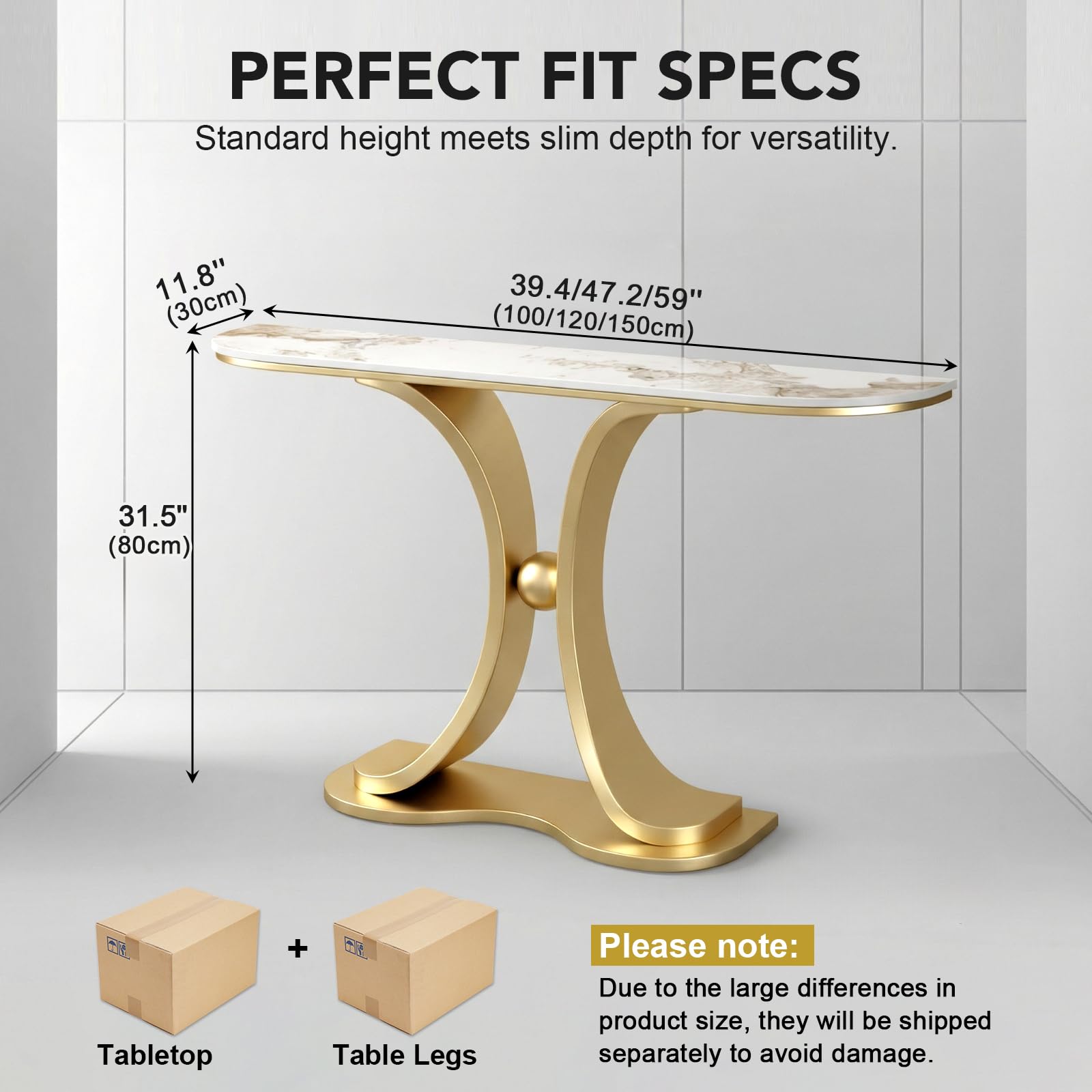 Console en marbre de luxe, table d'entrée étroite de 100 cm (39,4 po), table d'appoint moderne avec pieds antirouille, résistante aux rayures et à la chaleur, idéale pour l'entrée, le couloir, le sa