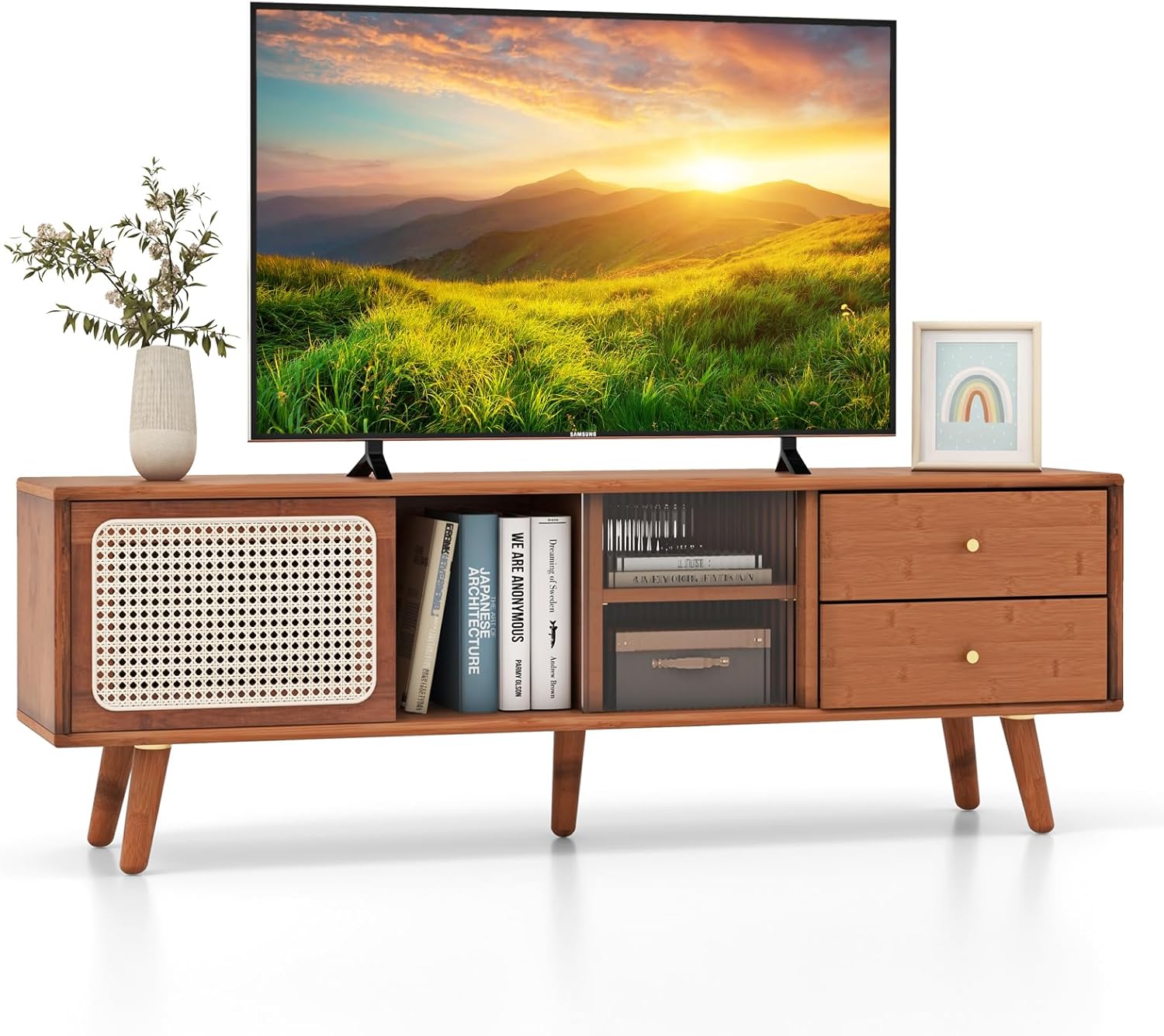 Tangkula Mid Century Modern TV Stand for TVs up to 65", Bamboo Entertainment Center w/Glass & PE Rattan Sliding Doors, 2 Drawers, Adjustable Shelf, Wood Legs, Media Console (Bamboo 2-Walnut)