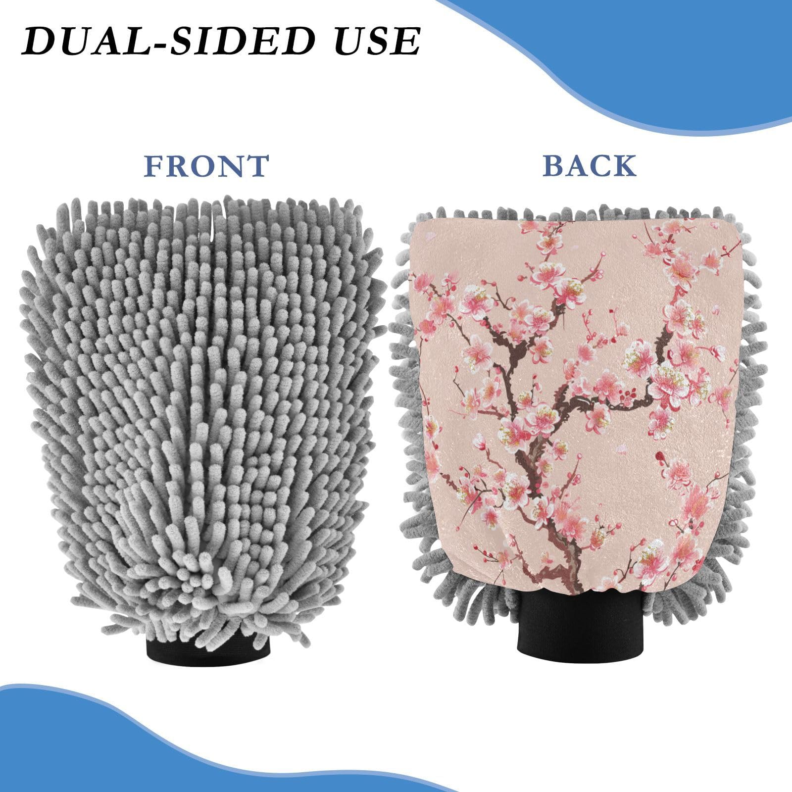 ALAZA Pink Cherry Blossom Flower Floral 1 Car Wash Mitt Scratch Free, 2 Pack Absorbent Microfiber/Chenille Washing & Drying Mitts, L
