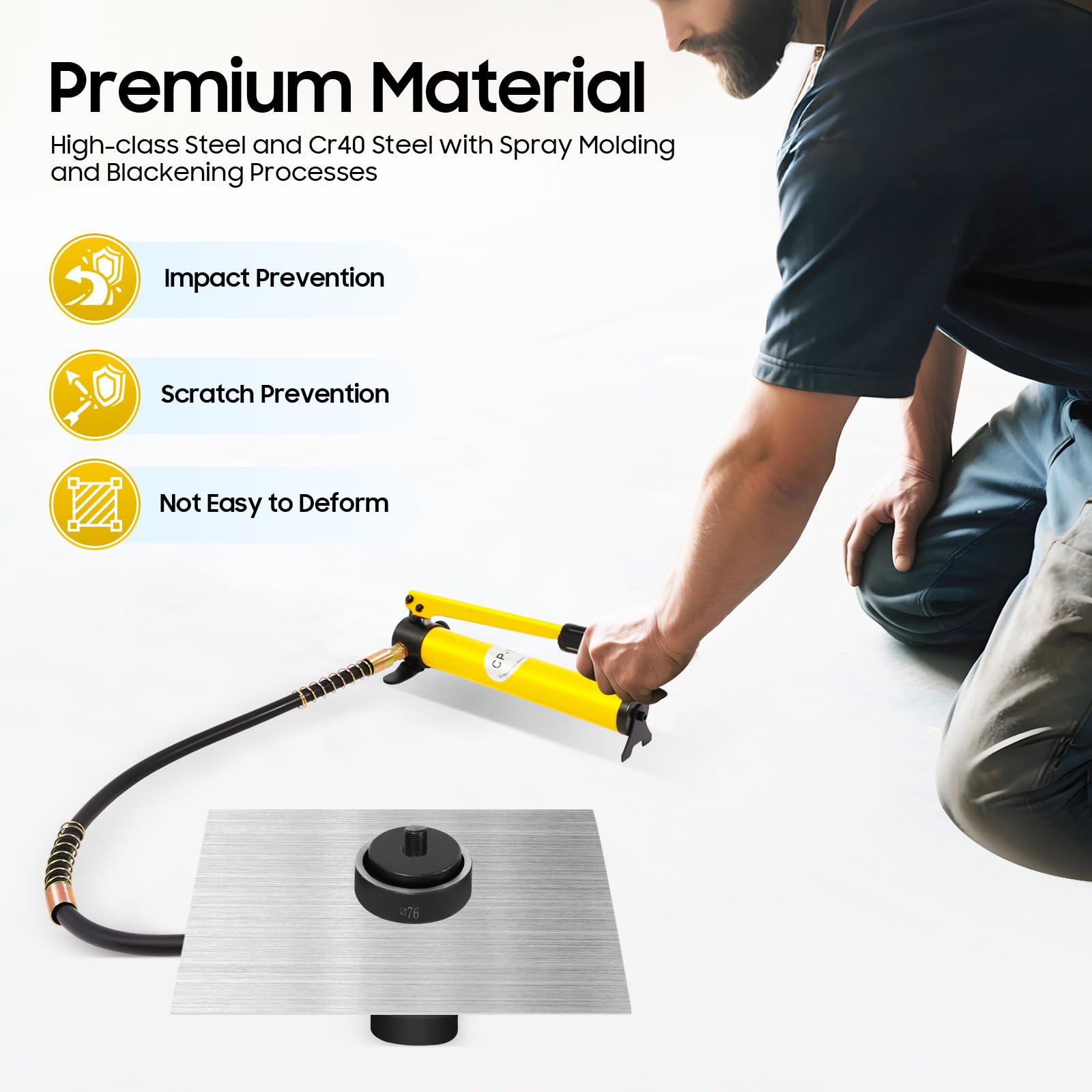 SYK-15 15T - Perforatore idraulico per lamiera, 16-101 mm, con 10 matrici, testa girevole a 360°, valigetta per acciaio inox, alluminio, plastica, 3 mm, piastra gialla