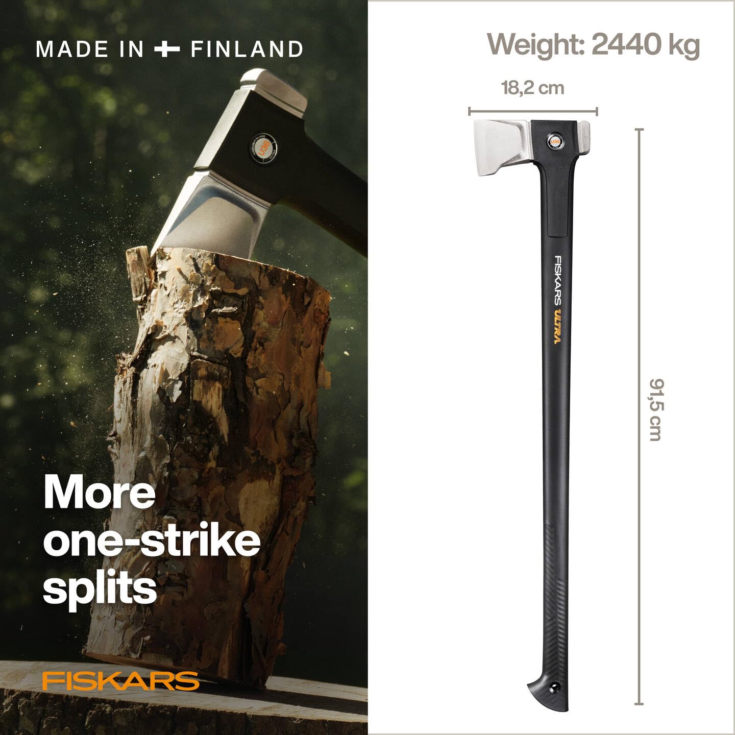 Fiskars Ultra Hacha U36, Robusta Hacha para Partir Troncos Grandes, Revestimiento ToughCoat, Equilibrio optimizado, Hoja de Acero al Carbono/Mango FiberComp, 91,5 cm, Negro, 1088144