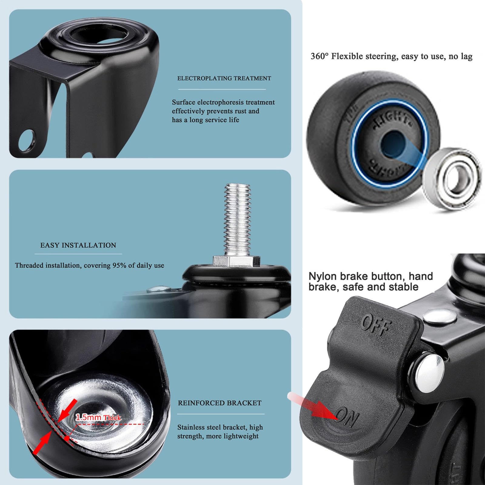 Roulettes silencieuses avec frein,Jeu de 4 Roulettes pour meubles,Roulettes à tige filetée M6/M8/M10,Roues pivotantes pour meubles,Roulettes en caoutchouc pour chariots,4brakes-M6