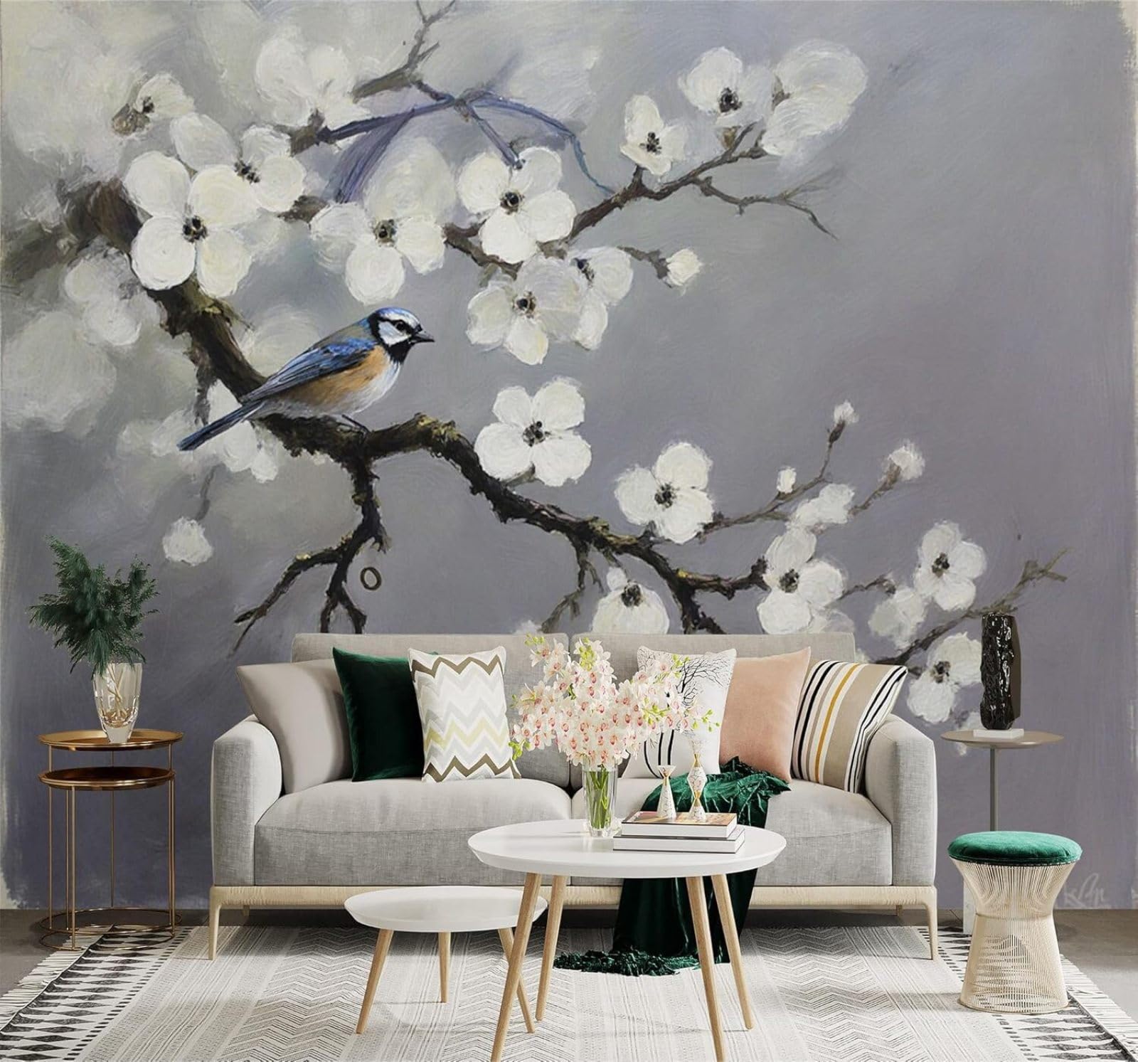 Xlming 250Cm×170Cm(B×H) Blue Bird White Flowers Branches Soft Grey 3D Wallpaper Silky Texture Home Study Office Grey Dining Room Sofa Bedroom Living Room Tv Backdrop-250Cm×170Cm