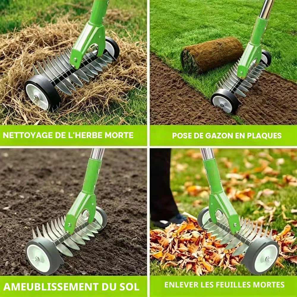 Scarificateur Manuel avec Roues, Scarificateur Manuel Gazon, Verticuteur à Manche de 165 cm, Aérateur de Gazon avec Roues, Amovible, Verticuteur Réglable, Houe de Scarification pour Jardin