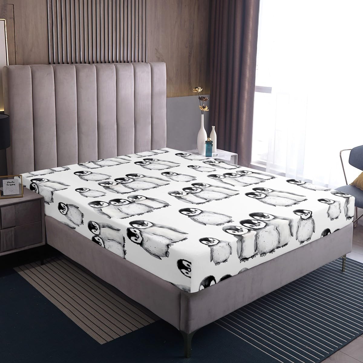 Penguin Bedding Set Queen Size for Kids Boys Girls Antarctic Animal Sheet Set Cartoon Style Penguin Illustration Fitted Sheet for Children Teens Adult Grey White and Black Bed Sheets(No Top Sheet)