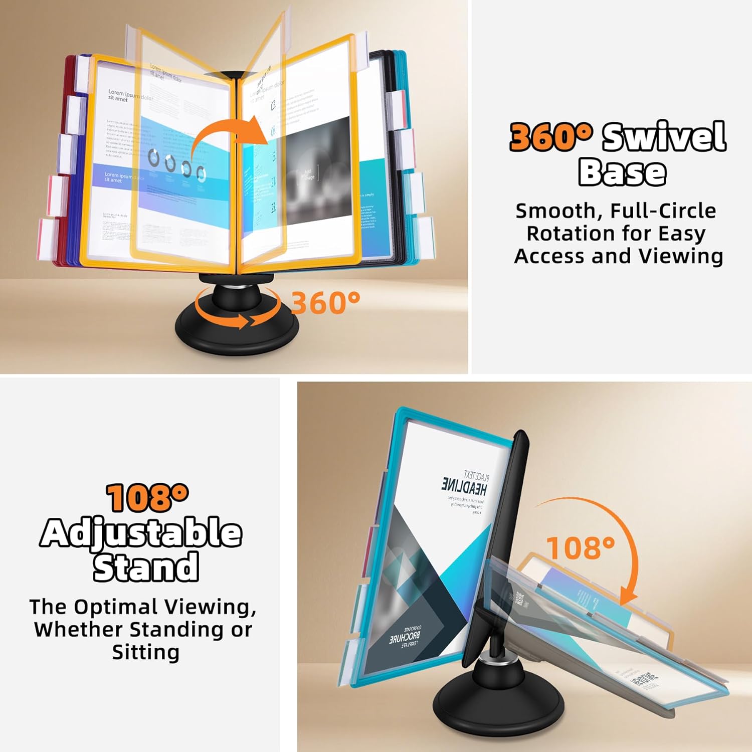 Antner 10-Pocket Desktop Reference & Display System with 360° Adjustable Base, Fast Flip & Find Desk Reference Organizer, A4/Letter Size 10 Double-Sided Panels with 5-Color Borders & Index Tabs, Black