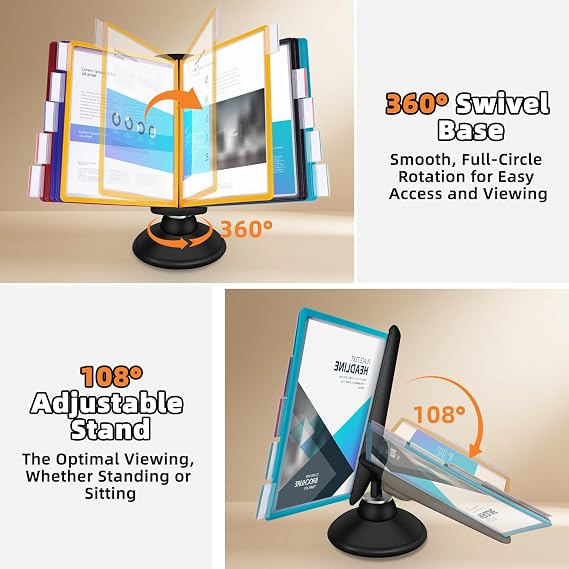 Antner 10-Pocket Desktop Reference & Display System with 360 Adjustable Base, Fast Flip & Find Desk Reference Organizer, A4/Letter Size 10 Double-Sided Panels with 5-Color Borders & Index Tabs, Black