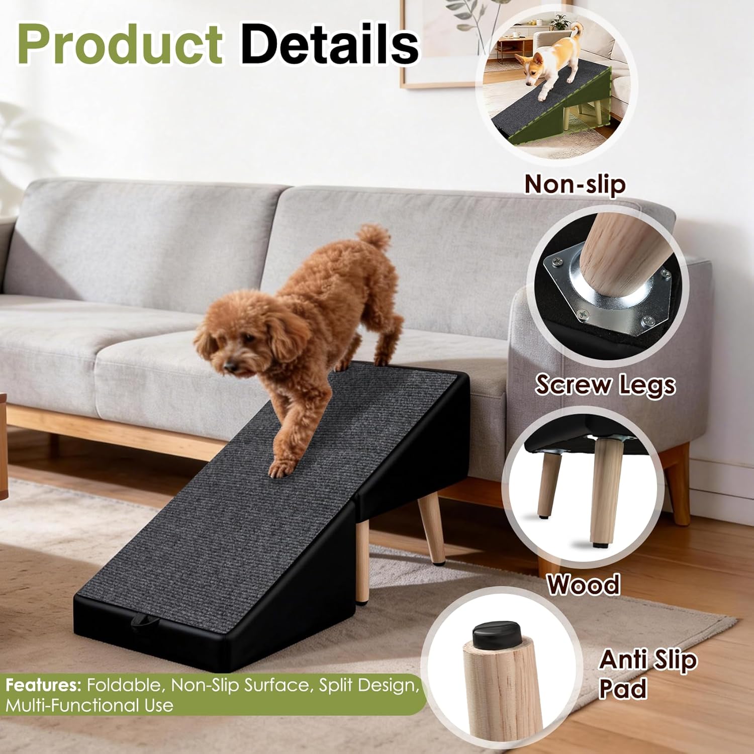 Split Ottoman Dogs Ramp, Dog Ramp for Couch and Bed, Dog Stairs for Small Dogs and Cats, 2-in-1 Foldable Wooden Pet Stairs and Ottoman, Non-Slip Fabric Surface Ramp for Couch and Bed Black XXXL