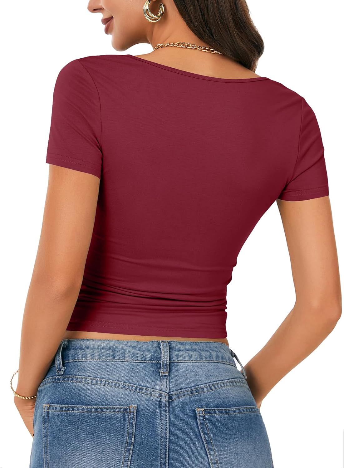 Rooscier Women's Cute Tops Lace Trim Knot Square Neck Short Sleeve Slim Fitted Tee Shirts Going Out Blouse - Image 5