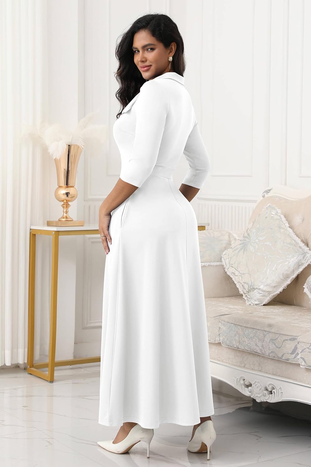 FANDEE Maxi Dress for Women Long Elegant 3/4 Sleeve Empire Waist Bow Tie Neck Casual Church Dresses with Pockets - Image 5