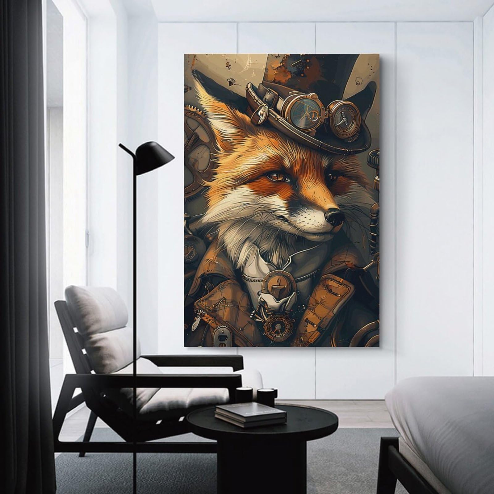 Junmoney Animal Steampunk Fox Canvas Wall Art, 20x30inch(50x75cm), for Bedroom, Guest Room Or Reading Nook, Decorative Wall Art for Cosy Rooms