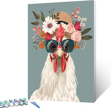 Serious Rooster Wearing Shades Straw Hat Paint by Number Funny Animal Flowers Painting DIY Painting on Canvas with Brushes Paints Paint by Numbers for Adults and Beginner 16x20 Inchwithout Frame