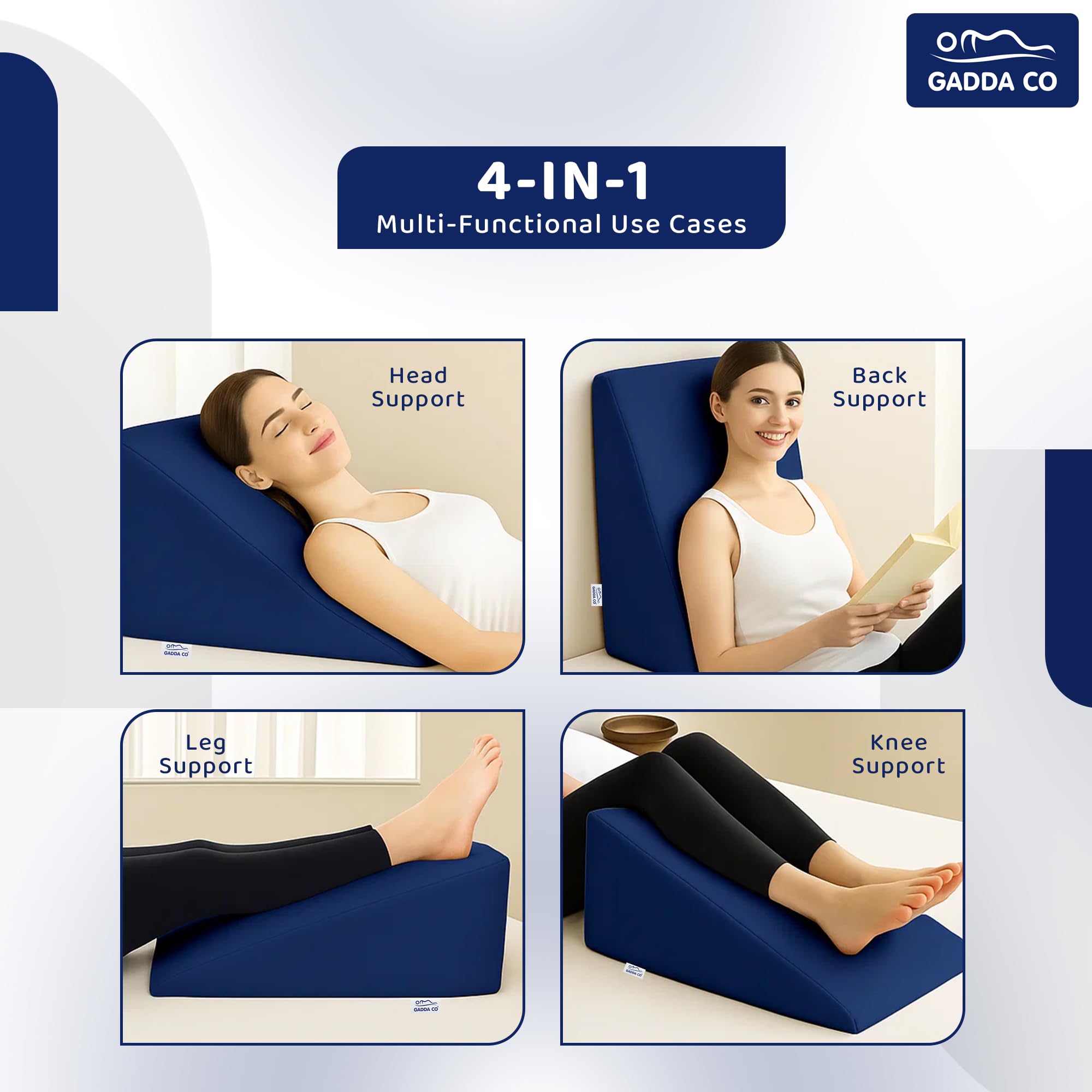 GADDA CO Wedge Pillows for Bed | Premium Memory Foam Orthopedic Wedge Cushion for Sleeping, Acid Reflux & GERD Relief | Back Pain, Snoring & Sleep Apnea Support | Leg Elevation | Navy Blue 3