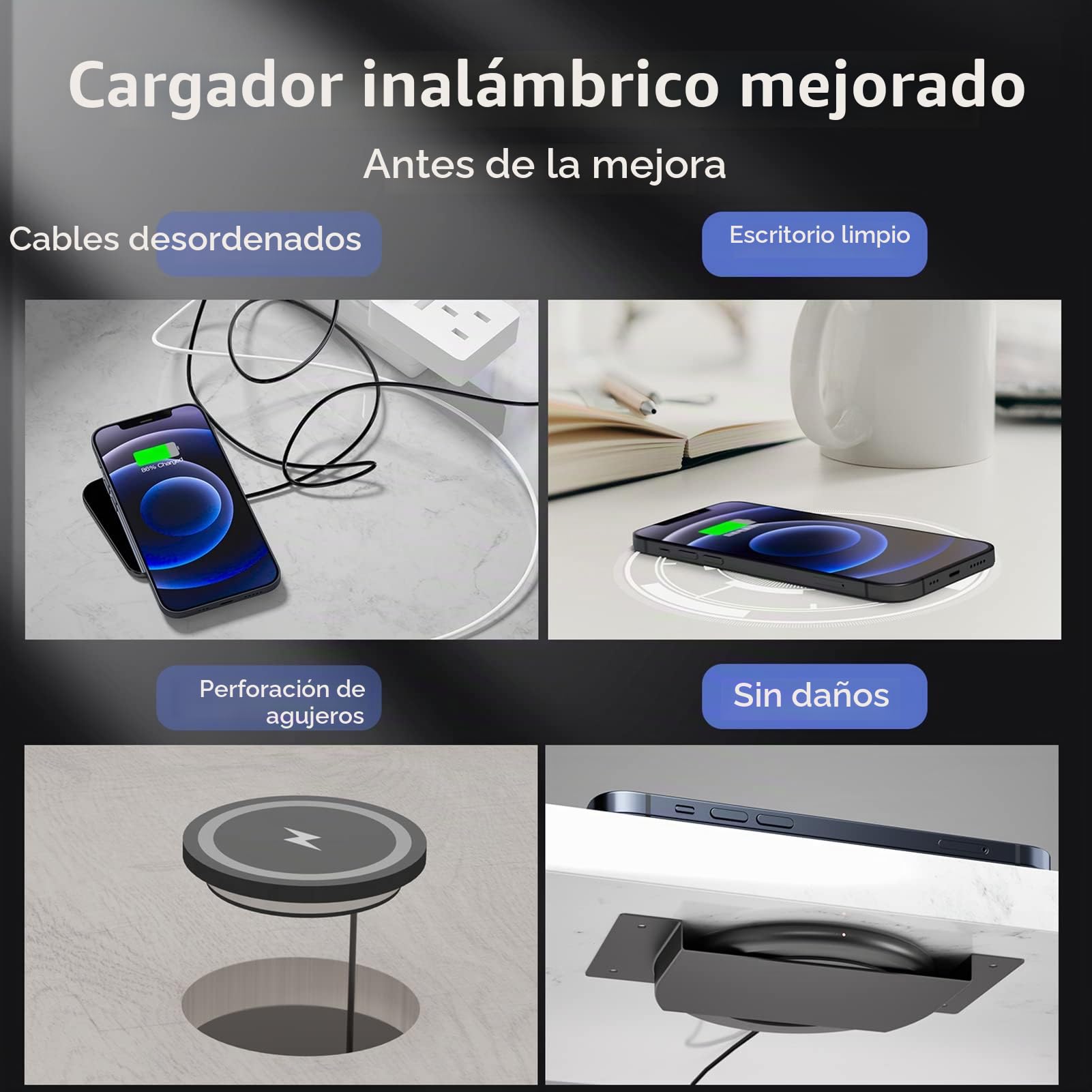 Cargador inalámbrico Invisible, Cargador QI de 10-30 mm Debajo de la Mesa Carga inalámbrica de 10 W para i-Phone 14/13/12/11/X/8 y Todos los Dispositivos estándar Qi