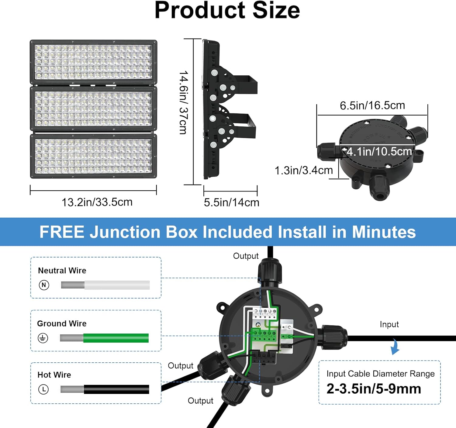 Kekeou LED Flood Light 300W 42000LM Stadium Lights Outdoor LED, Super Bright 6500K Daylight White Field Lights, IP67 Waterproof Arena Light with Junction Box for Garden, Court, Parking lot - Black