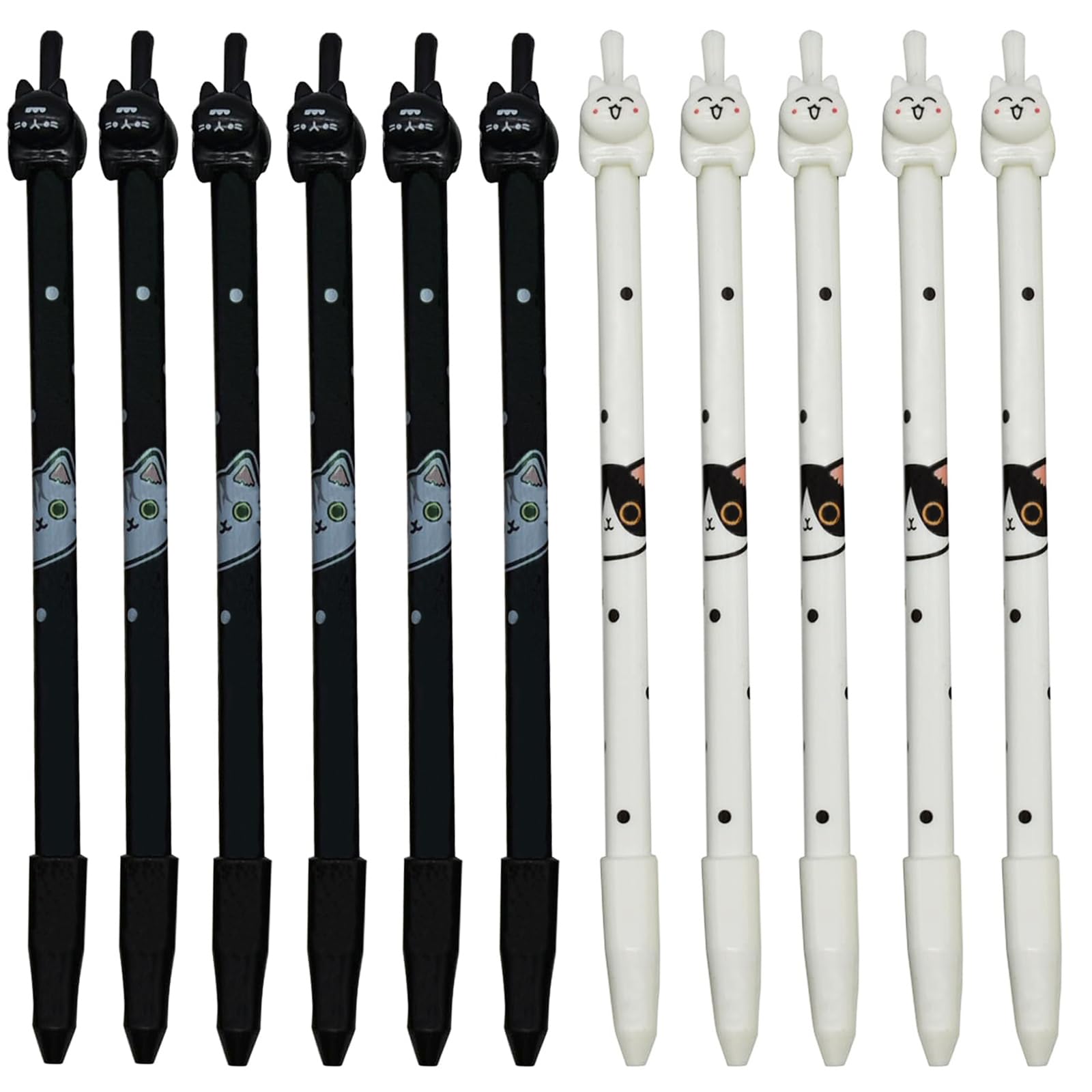 Lopenle 12 Pack Cat Pens - Cute Black & White Pen kitten Gel Pen Fun Animal Novelty Writing Pens with Black Ink for School, Office, Gifts (6 Black