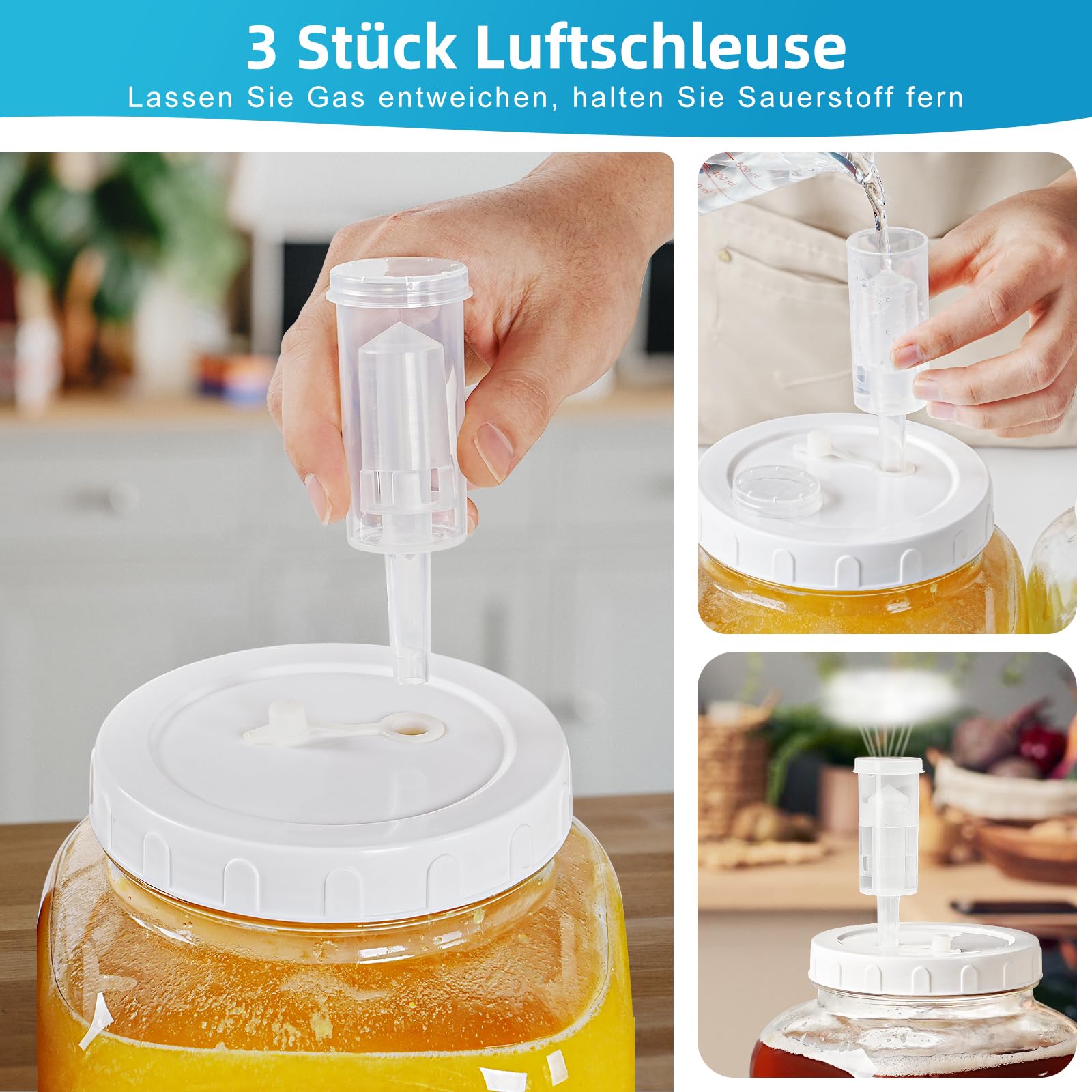 Absovetu 2 Stück Groß Fermentierglas mit Luftschleuse 5,7 Liter - Breiter Mund Fermentiergläser mit Gärventil Fermentier Set Fermentierglas mit Gewicht für Kimchi Sauerteig Sauerkraut Kefir Gemüse
