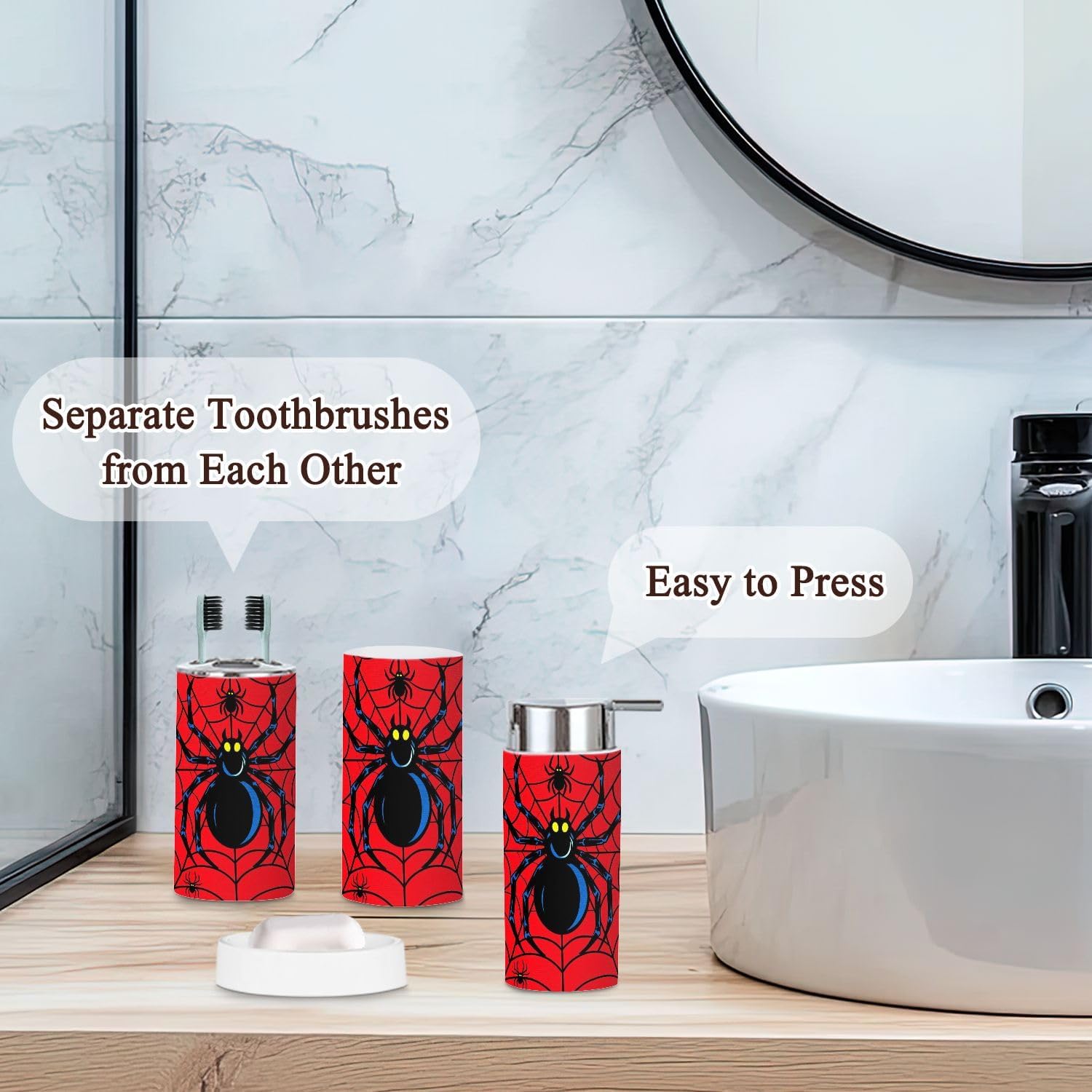 Bathroom Accessories Set 6 Pcs Red Large Central Two Smaller Spiders Red Web Toothbrush Holder Cup Soap Dispenser Soap Dish Toilet Brush Holder Trash Can for Countertop Decor