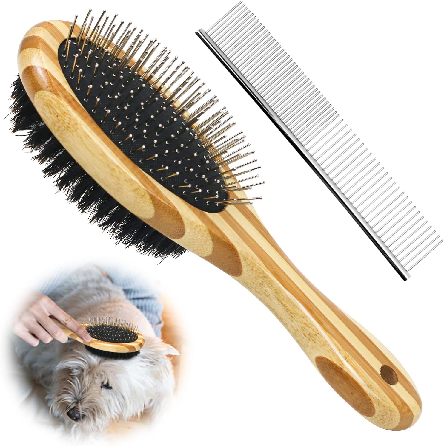 Dog Grooming Brush, Wooden Dog Deshedding Brush Double Sided Cat Grooming Brush Pin and Bristle