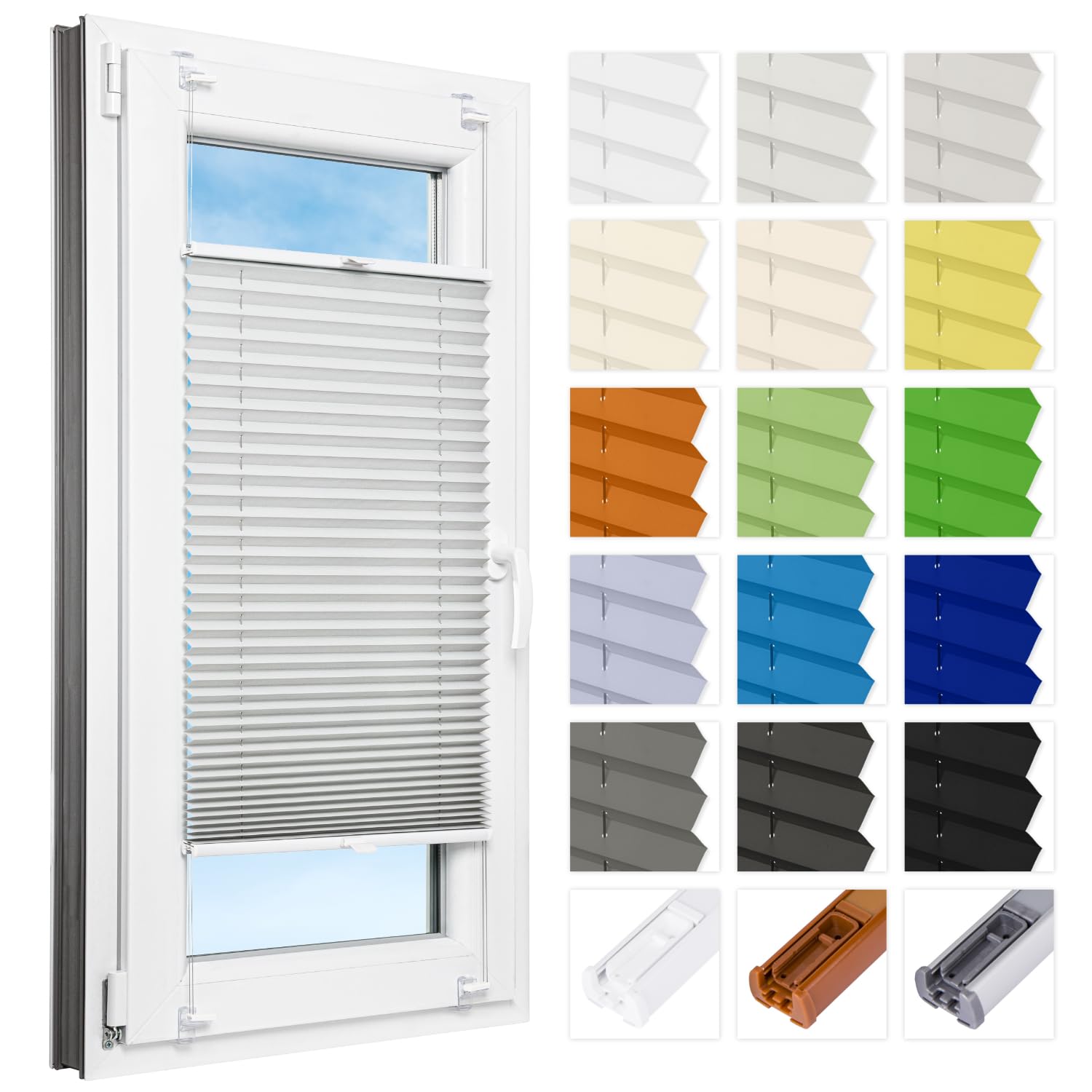 Estika Tenda plissettata su misura senza forare - larghezza 30-129 cm, altezza 150-230 cm - tessuto in 23 colori, profilo in 5 colori - per interni, per finestre, fissaggio a morsetto (Klemmfix)