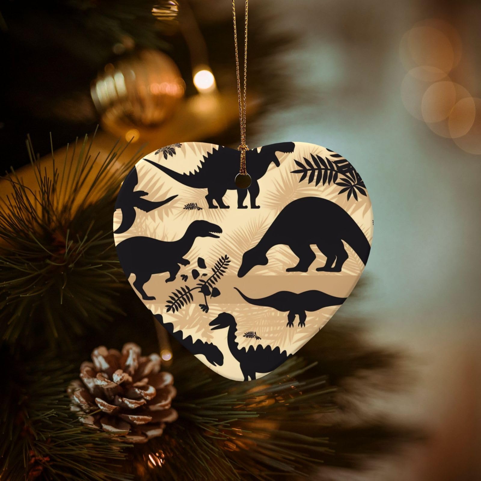 Christmas Tree Ornaments Ceramics Christmas Decorations Dinosaur Silhouette Ornaments with Gold Ribbon Porcelain Xmas Tree Crafts Heart Shape Hanging Pendant for Christmas Tree Party Decor