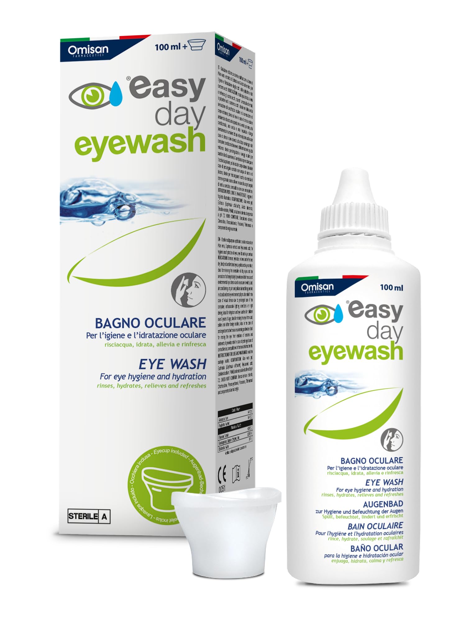 Easy Day Bagno Oculare Multi Azione, per Occhi Rossi, Stanchi e Irritati. Con Acido ialuronico ed Estratti Naturali - 100ml + Occhiera