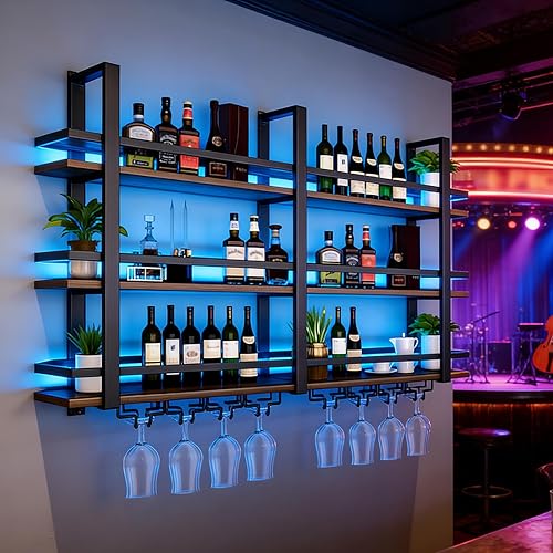 Estante para vino montado en la pared con luces LED, estantes flotantes de 3 niveles de licor de metal, con estante para copas de vino, estante de