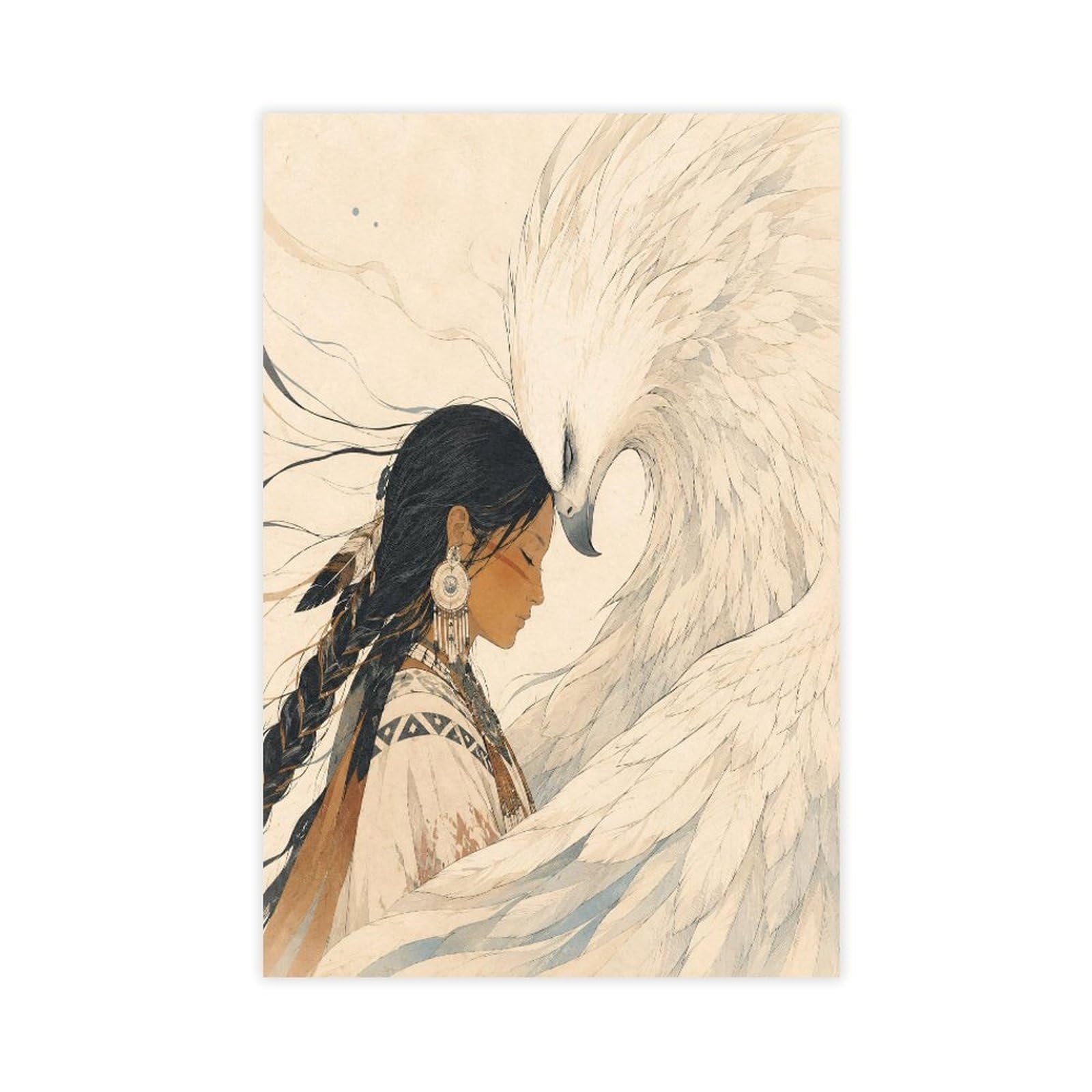 H3b8u2y5 Unframe-Style-19 Native Woman With White Bird Canvas Wall Art, Feather Cloak