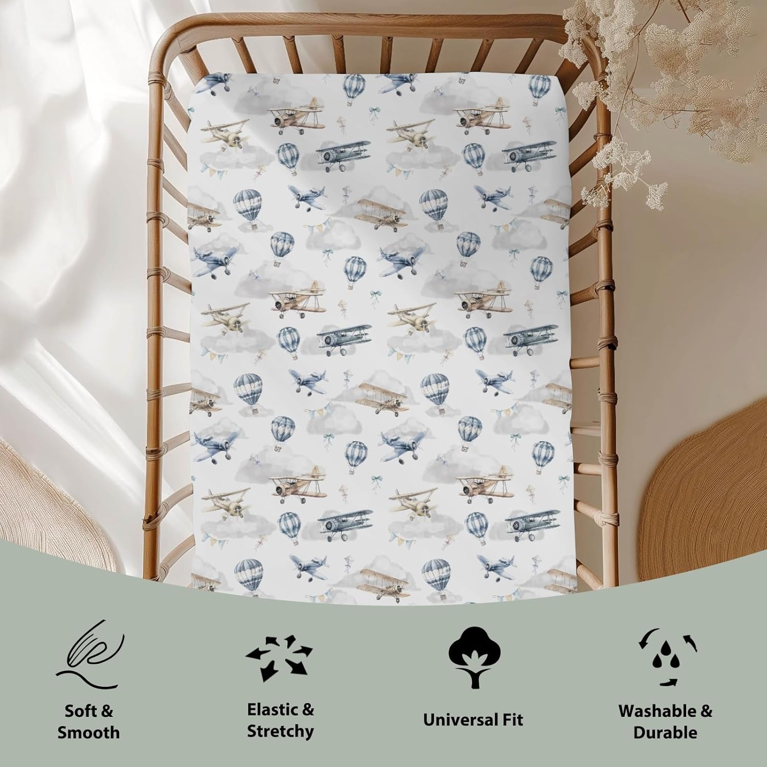 Vintage Planes Airplanes Helicopters Baby Crib Sheets Boy Girl 28"x52" Hot Air Balloon Plane Clouds Sky Soft Stretchy Fitted Crib Mattress Cover Baby Sheet for Standard Crib & Toddler Mattress Pad