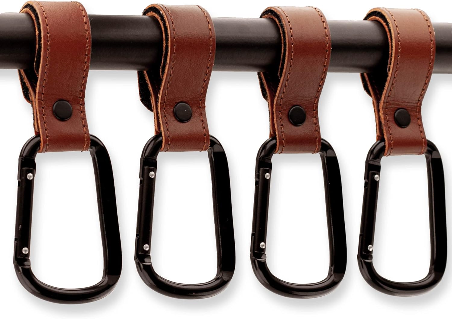 Brute Strength - Leather Stroller Hooks - Black 4X - Full Grain Leather - Mommy Hook - Stroller Clip - Bag Hook - Straps with Hooks - Carabiner Hook Clips