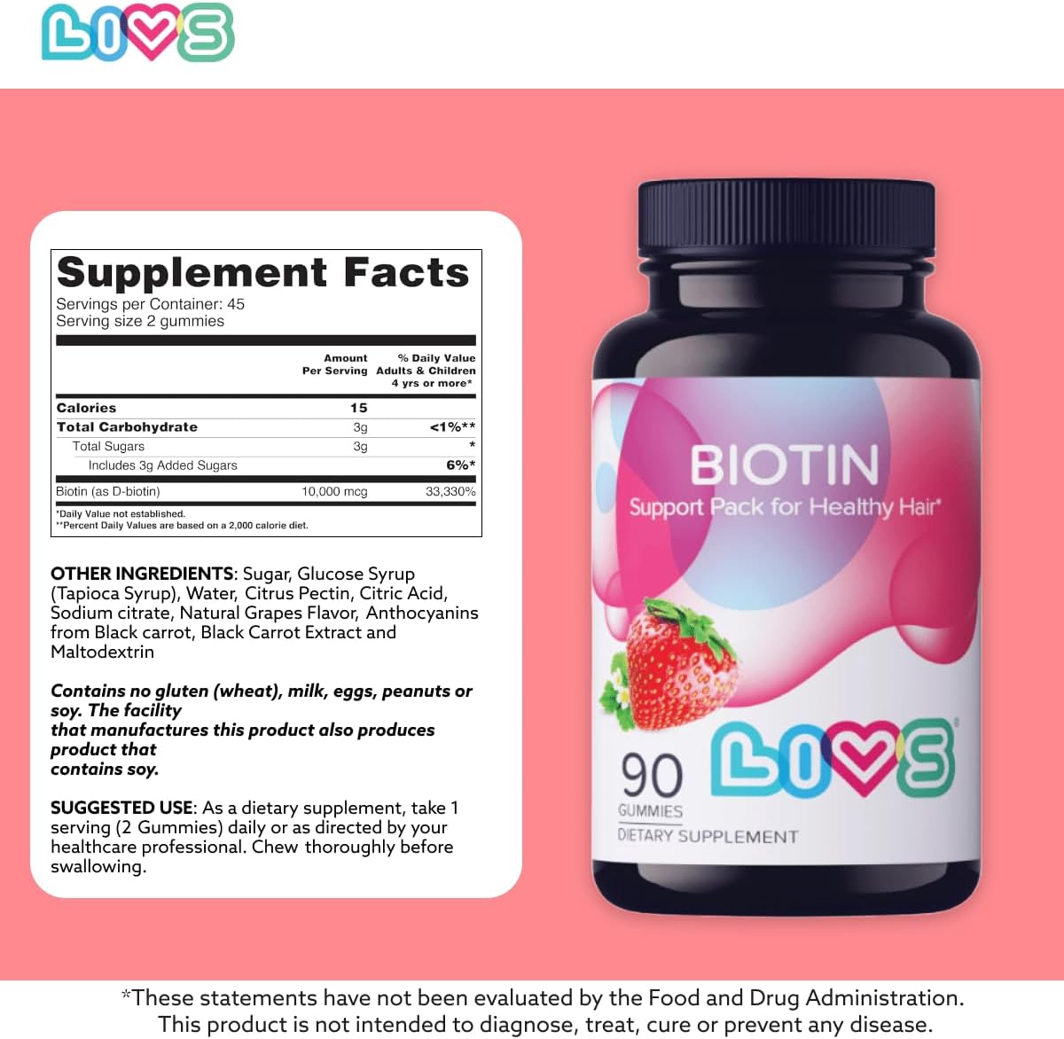 LIVS Biotin Gummies 10000mcg – Supports Healthy Hair, Skin & Nails | Vitamin B7 Supplement for Women & Men | Natural Grape Flavor | Vegan, Gluten Free & Non-GMO | 90 Count with 45 Servings - Image 5