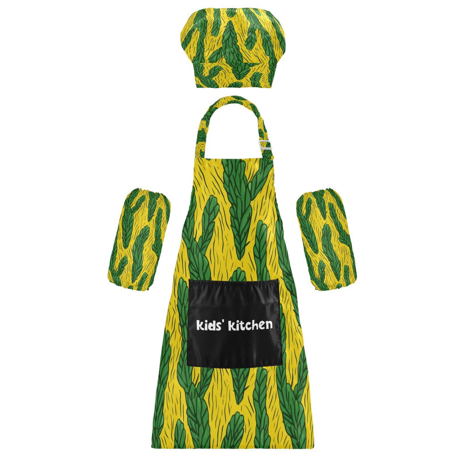 Bulletgxll Cactus with Leaves Kids Apron and Chef Hat Set Adjustable Bib Aprons with Pockets for Cooking Baking Painting
