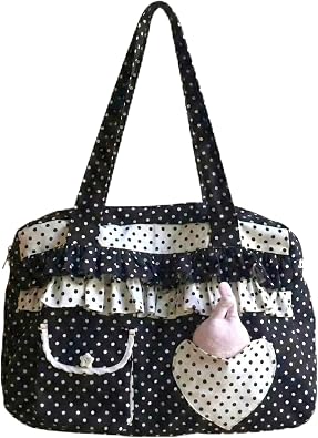 Kawaii Polka Dot Shoulder Bag, Y2K Harajuku Style Tote with Heart Pocket and Ruffled Details, Black and White | lightweight