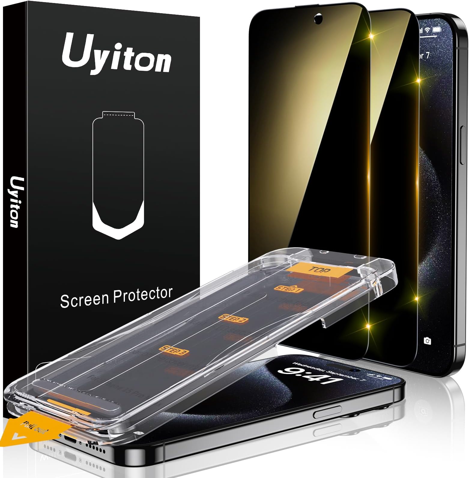 UyitonUnBreak-Glass for iPhone 15 Pro Max Privacy Screen Protector, 28°Anti-Spy [Easy Fit] [Zero Bubble] Shatterproof Full Coverage Scratch Resistance 9H Private Tempered Glass Screen Cover, 2 Pack