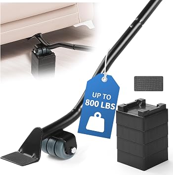 Furniture Lifter Tool Set Save 80% Effort Lifts up to 800 lbs Heavy-Duty Steel Lever with 4 Plastic Base Pads, Ideal for Moving Sofas, Appliances, Furniture Jack Lifter Tool 29 in