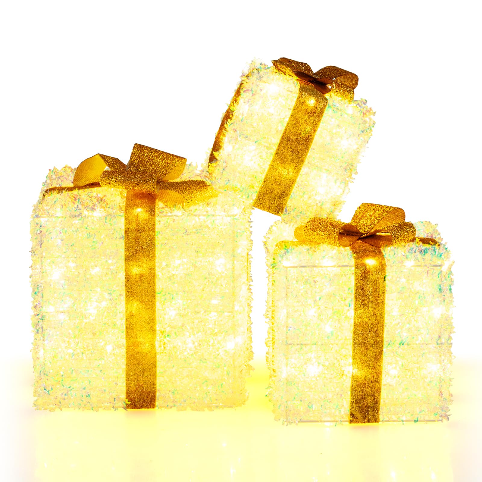 COSTWAY LED Geschenkbox 3er Set, beleuchtete Weihnachtsdeko mit 200 warmweißen LED-Lichtern, Weihnachtenbox mit goldenem Schleifen, Weihnachten Dekoboxen, Weihnachtsbeleuchtung für außen & innen
