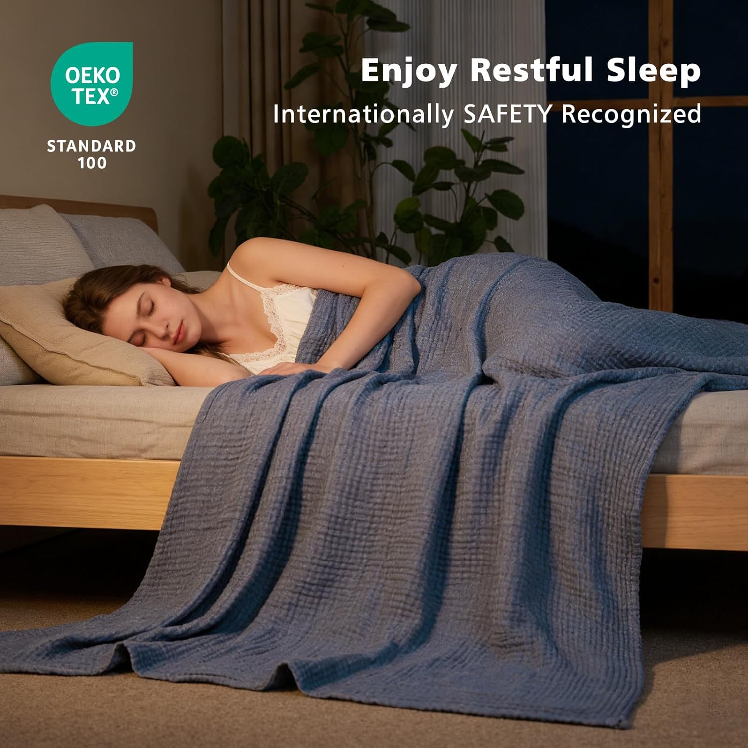 EMME Cotton Muslin King Blanket Bed Layering Bedspread Coverlet Breathable Gauze Soft Lightweight (Heather Navy, 108"x90") - Image 2