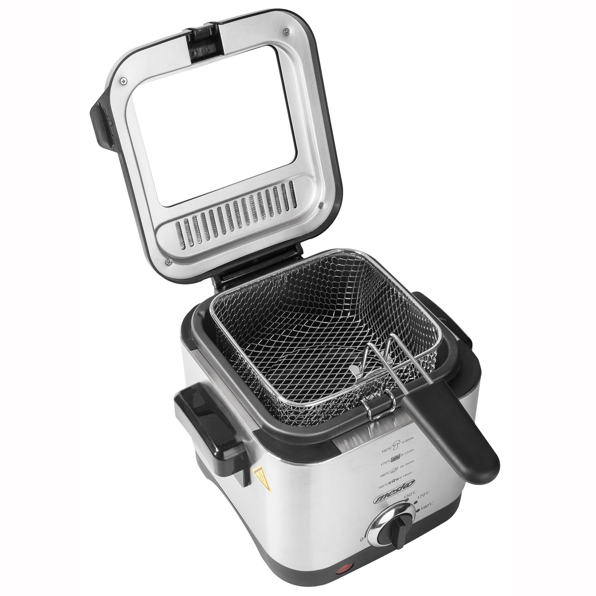 Mesko MS4910 Freidora Aceite Eléctrica 1,5 Litros, Pequeña, Temperatura Ajustable, Cubeta Antiadherente, Tapa con Filtro Antiolor y Ventana de Control, Fácil Limpieza, 900W, Acero Inox