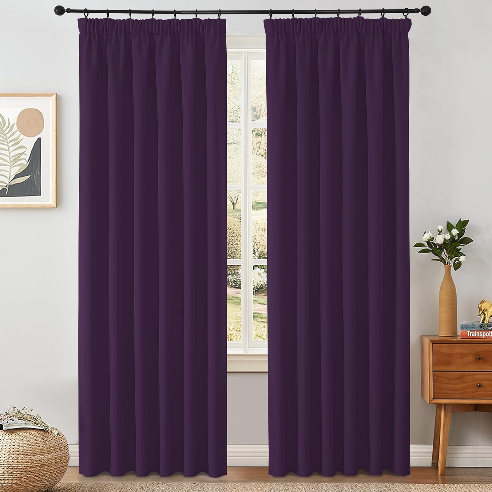 VEHEDE Extra Long Blackout Curtains for Living Room – Pencil Pleat Thermal Drapes, W55 x L96 Inch, Purple, 2 Panels