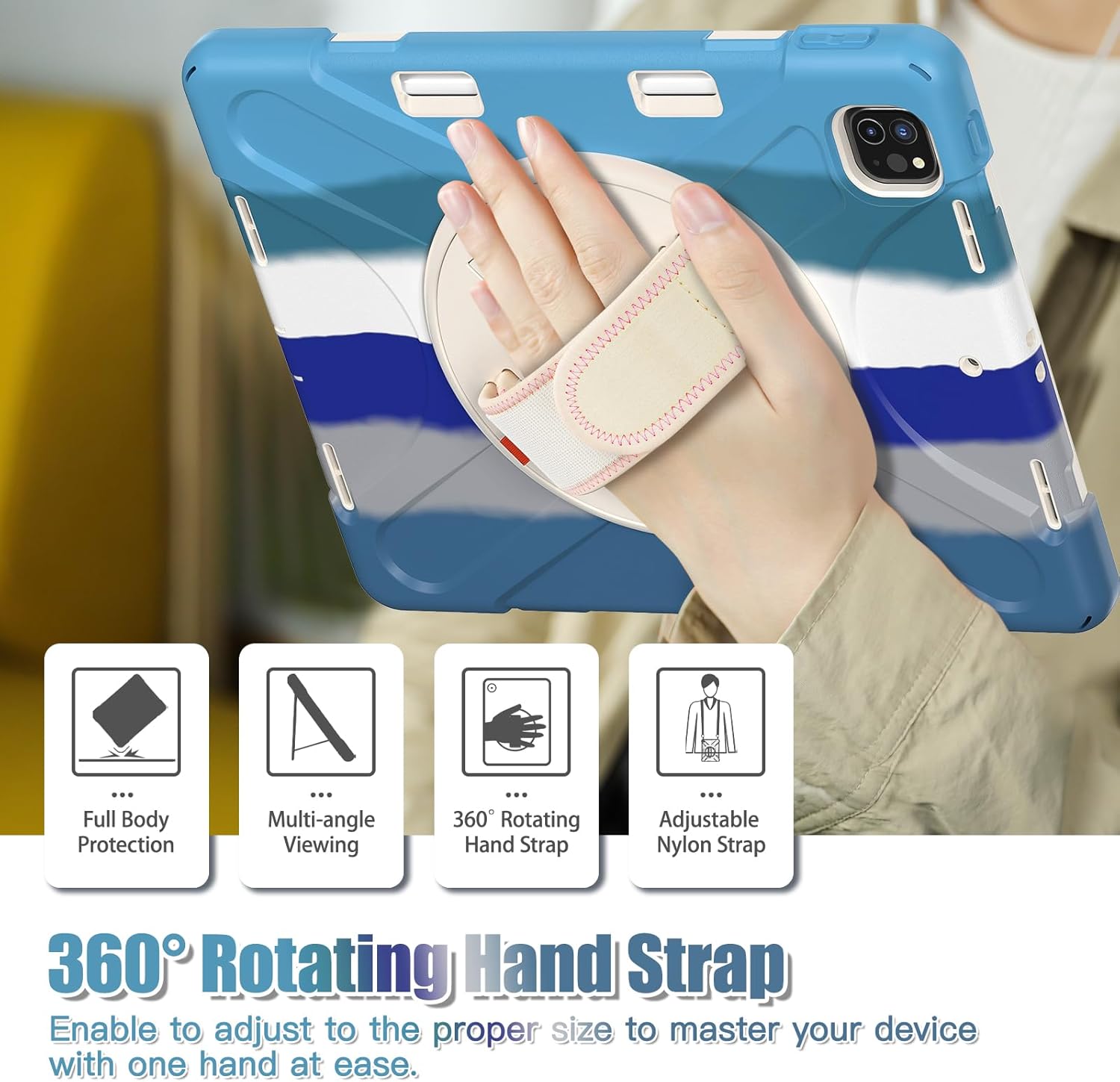 Batianda Case for New iPad Pro 11-inch 2025 M5 2024 M4 Chip Heavy Duty Rugged Durability Silicone Tablet Cover with 360° Rotating Hand Strap Foldable Hidden Stand & Shoulder Strap, Colorful Blue