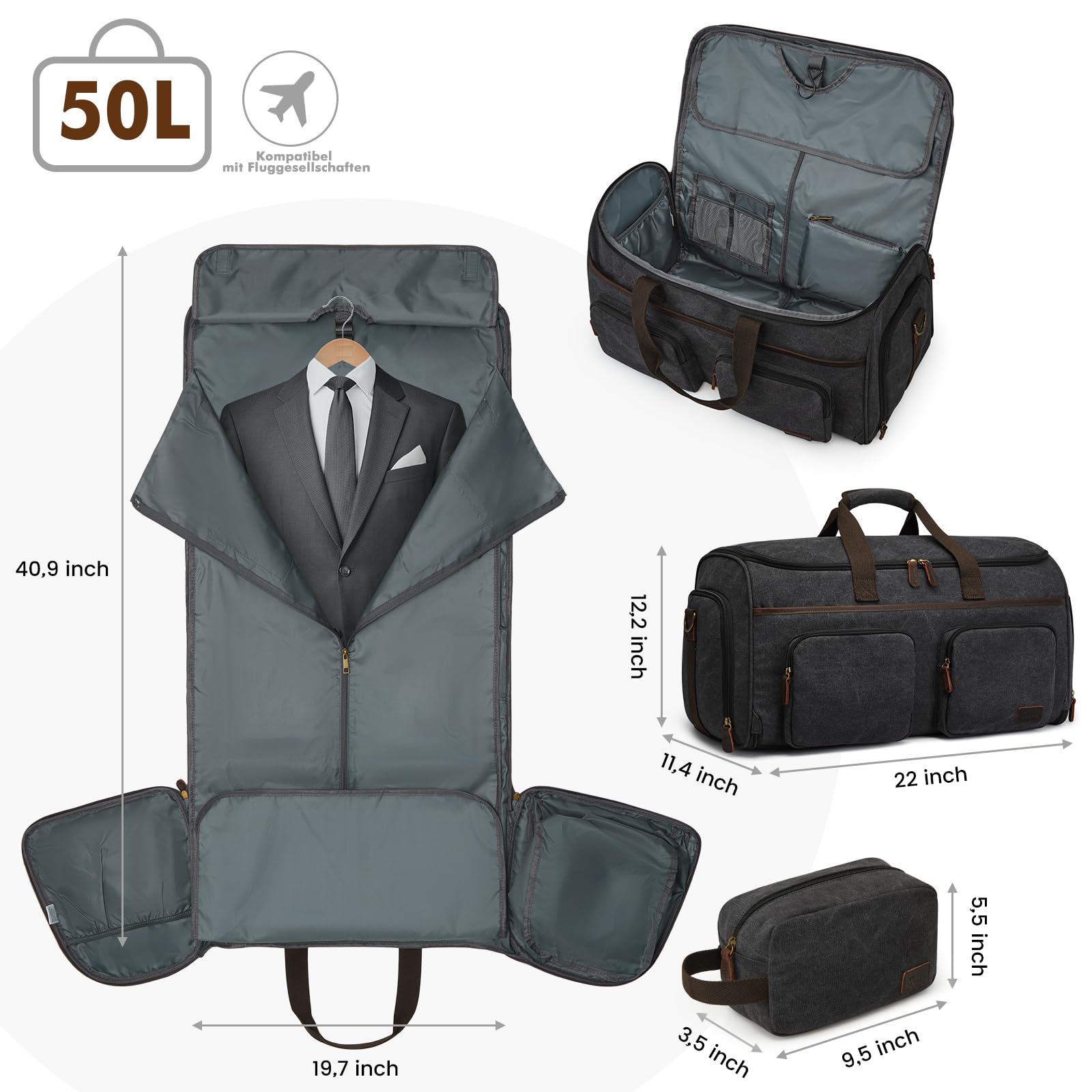 S-ZONE 50L Unisex 3-in-1 Umwandelbarer Kleidersack Canvas Kleidertasche Anzugtasche Carry On Garment Bag mit Kulturbeutel für Reisen Kurzurlaub Geschäftsreisen Aufbewahrung