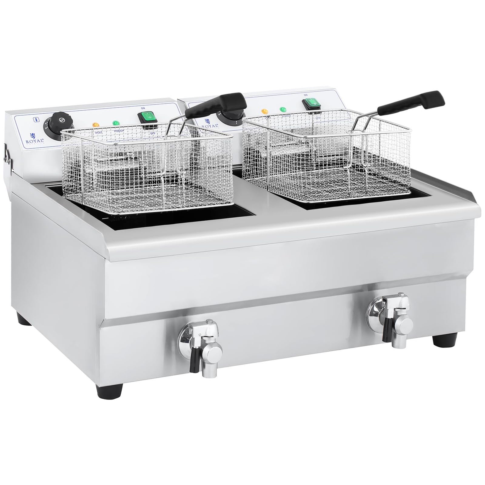 Royal Catering Friteuse Électrique 2 x 3 200 W, 2 x 16 l Au Total / 2 x 12 l D’Huile, Thermostat, 2 Robinets, Acier Inoxydable, De Restaurant Double Professionnelle Commerciale