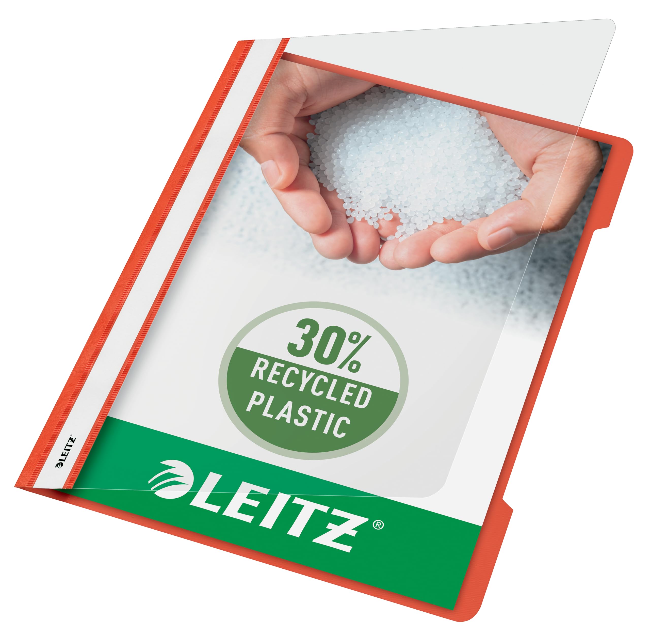 Leitz A4 Standard Schnellhefter, 25er Pack, 30% Pre-Consumer Recycling-Kunststoff, Hefter für A4-Blätter, 60 Blatt Kapazität, Ideal als Dokumententasche für Schule oder Büro, Hellrot, 41910020