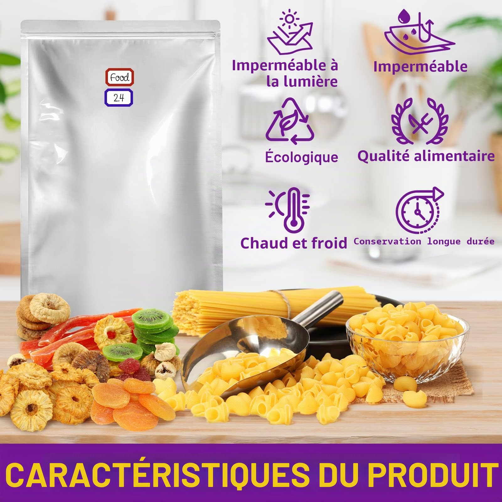 Sacs Mylar Pour Le Stockage à Long Terme Conservation Des Aliments 5 Gallon, 43.5 x 71 CM, 8,6 Mil, Sacs Mylar Avec Absorbeurs d'Oxygène, 40000 CC, Thermosoudable, Fermeture Éclair, 15 Pièces