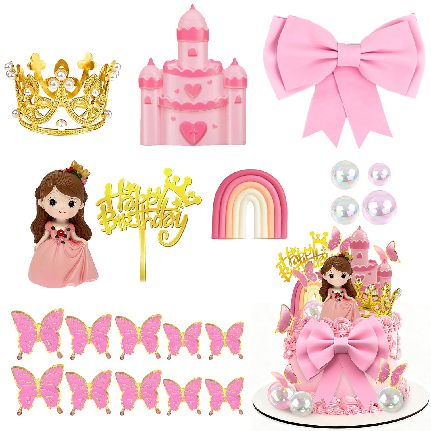 Tazuxetuqe Princess Cake Figures Castle Cake Decorations with Bows Butterflies Spheres Rainbow for Royal Themes