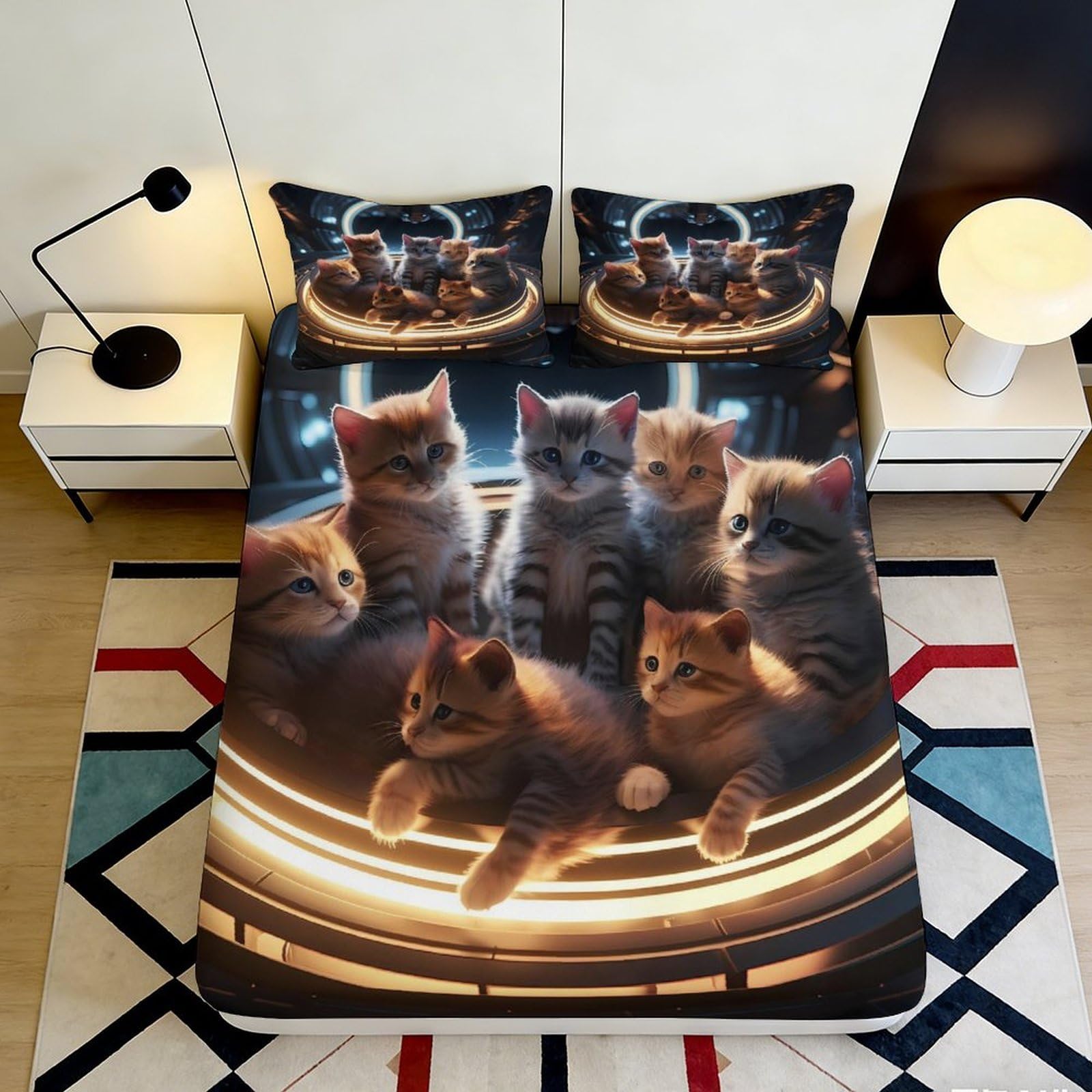 Pnayamiorkfel Style-9 3D Printed Cute Kitten Fitted Sheet Microfiber Soft Bedroom Decor Cat Family Bed Cover For Home Guest Room Easy Care 90X200x25cm
